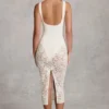 Caia Transparenter Spitzen-Bodys mit Wellenrand und tiefem Ausschnitt, Midaxi-Kleid in Weiß Caia Transparenter Spitzen-Bodys mit Wellenrand und tiefem Ausschnitt, Midaxi-Kleid in Weiß