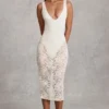 Caia Transparenter Spitzen-Bodys mit Wellenrand und tiefem Ausschnitt, Midaxi-Kleid in Weiß Caia Transparenter Spitzen-Bodys mit Wellenrand und tiefem Ausschnitt, Midaxi-Kleid in Weiß