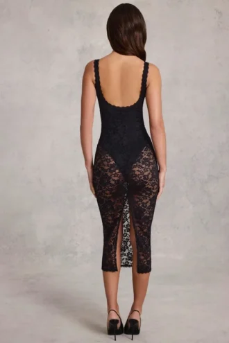 Caia Transparentes Spitzen-Bodys mit Wellenrand und tiefem Ausschnitt in Schwarz