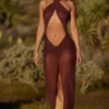 Caicos Maxikleid mit Cut-outs und Neckholder-Ausschnitt in Espressobraun