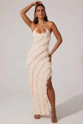 Calico Cross Strap Ruffle bodenlanges Kleid in Elfenbein