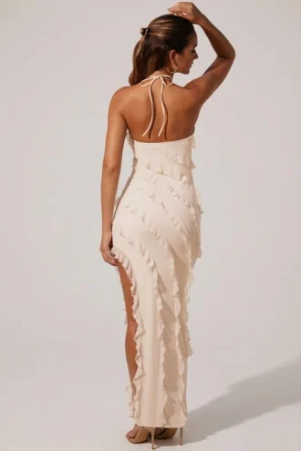 Calico Cross Strap Ruffle bodenlanges Kleid in Elfenbein