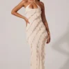 Calico Cross Strap Ruffle bodenlanges Kleid in Elfenbein