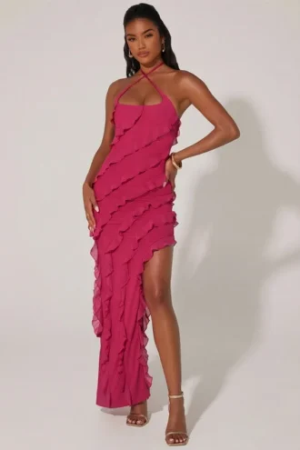 Calico-Kleid mit gekreuzten Trägern und Rüschen in Fuchsia