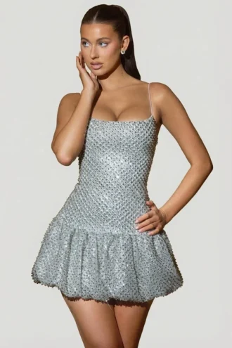 Callie Minikleid mit verziertem Bubble-Saum in Silber