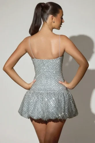 Callie Minikleid mit verziertem Bubble-Saum in Silber