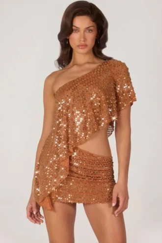 Callista verziertes asymmetrisches One-Shoulder-Oberteil in Bronze