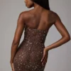Caprice Sheer Embellished Bodycon-Minikleid in Deep Cocoa