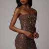 Caprice Sheer Embellished Bodycon-Minikleid in Deep Cocoa