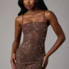 Caprice Sheer Embellished Bodycon-Minikleid in Deep Cocoa