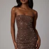 Caprice Sheer Embellished Bodycon-Minikleid in Deep Cocoa