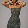 Caprice Sheer Embellished Bodycon Minikleid in Emerald