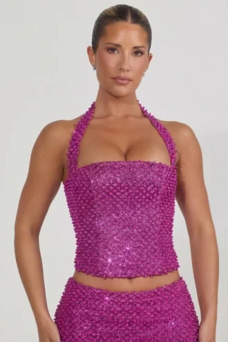Caralie verziertes Neckholder-Korsett-Oberteil in Magenta