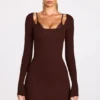 Caris geripptes Modal-Minikleid mit langen Ärmeln und Schnürung in Schokoladenbraun Caris geripptes Modal-Minikleid mit langen Ärmeln und Schnürung in Schokoladenbraun