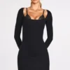 Caris – Langärmliges Minikleid aus geripptem Modal mit Schnür-BH in Schwarz Caris – Langärmliges Minikleid aus geripptem Modal mit Schnür-BH in Schwarz