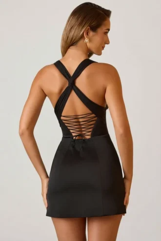 Carlotta Neckholder-Minikleid mit Schnürung in A-Linie, schwarz