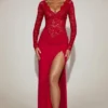 Carmina Maxikleid mit Spitzenbesatz und tiefem V-Ausschnitt in True Red