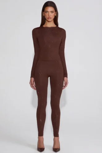Cassie Leggings aus verziertem Jersey mit hoher Taille in Schokoladenbraun