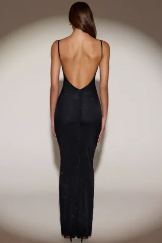 Celandine Transparentes, verziertes rückenfreies Maxikleid in Schwarz