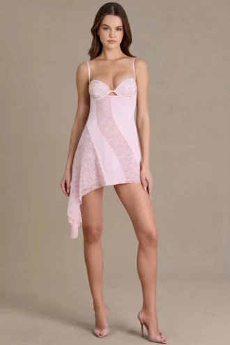 Celestia Satin-Minikleid mit Verzierungen und Cup-Ausschnitt in Babyrosa
