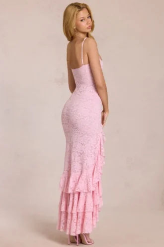 Celira Lace Ruffle Maxikleid in Blossom Pink