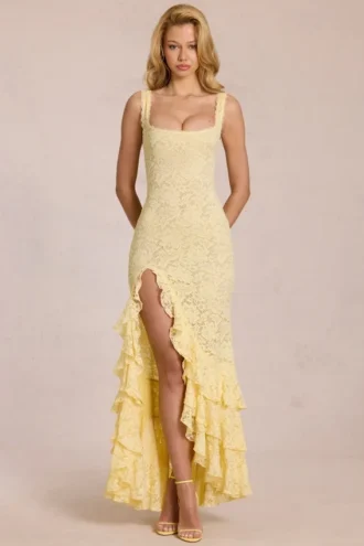 Celira Maxikleid mit Spitzenrüschen in Zitronengelb