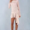 Cendria Langarm-Minikleid mit offenem Rücken in Elfenbein mit Polka-Dot-Print