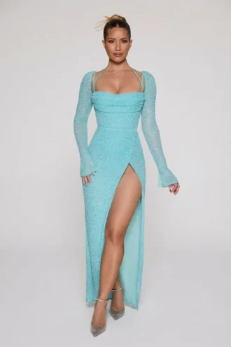 Champel Maxikleid mit verziertem Wasserfallausschnitt in Aqua
