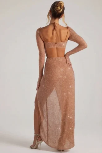 Champel Maxikleid mit verziertem Wasserfallausschnitt in Nude