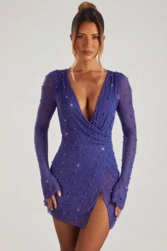 Chelsea verziertes Wickel-A-Linien-Minikleid in Dunkelblau