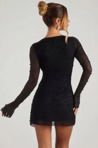 Chelsea verziertes Wickel-A-Linien-Minikleid in Schwarz
