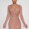 Chelsea verziertes Wickel-Minikleid in A-Linie in Beige