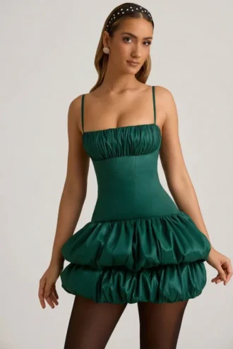 Clarice Satin-Minikleid mit Ballonrock und Korsett in Smaragdgrün