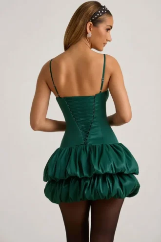 Clarice Satin-Minikleid mit Ballonrock und Korsett in Smaragdgrün