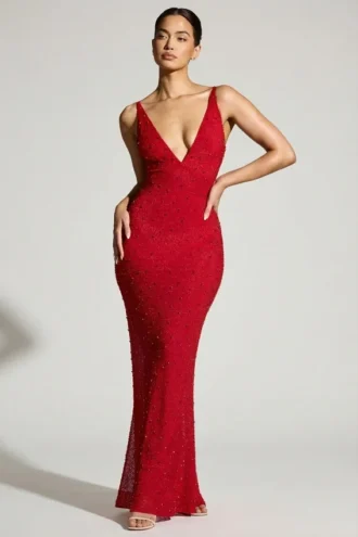 Colmar Abendkleid mit verziertem Plunge-Ausschnitt in Rot