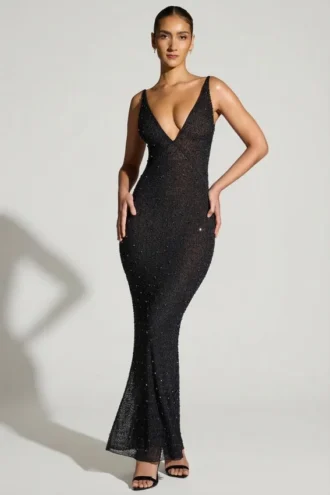 Colmar Abendkleid mit verziertem Plunge-Ausschnitt in Schwarz