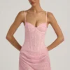 Connie halbtransparentes, verziertes, drapiertes Korsett-Minikleid in Rosa