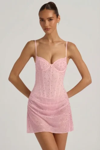 Connie halbtransparentes, verziertes, drapiertes Korsett-Minikleid in Rosa
