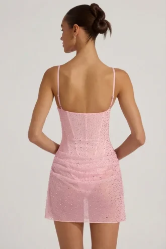 Connie halbtransparentes, verziertes, drapiertes Korsett-Minikleid in Rosa