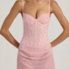 Connie halbtransparentes, verziertes, drapiertes Korsett-Minikleid in Rosa