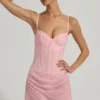Connie halbtransparentes, verziertes, drapiertes Korsett-Minikleid in Rosa