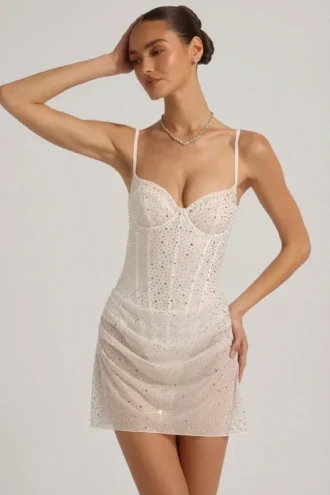Connie halbtransparentes, verziertes, drapiertes Korsett-Minikleid in Weiß