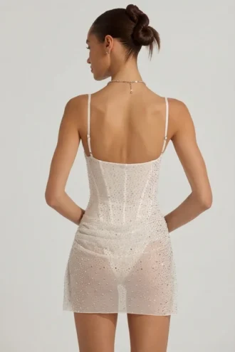 Connie halbtransparentes, verziertes, drapiertes Korsett-Minikleid in Weiß