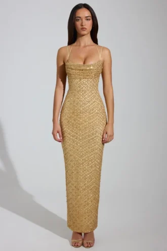 Constance Maxikleid mit Cowl-Ausschnitt und Verzierungen in Gold