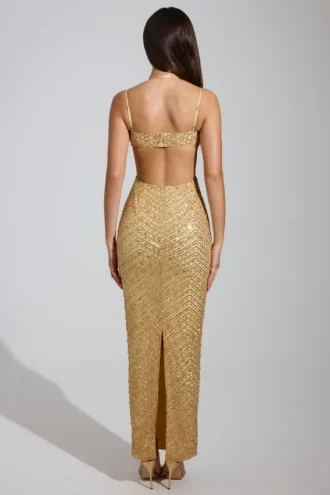 Constance Maxikleid mit Cowl-Ausschnitt und Verzierungen in Gold