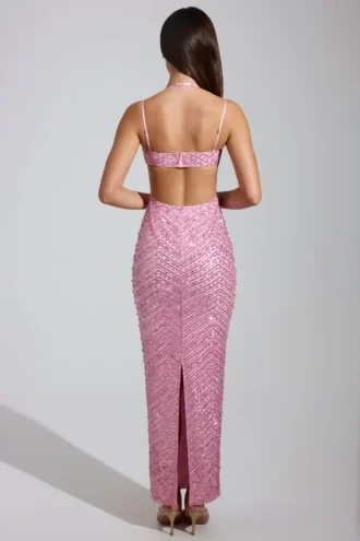 Constance Maxikleid mit verziertem Rollkragen in Rosa