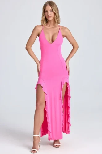 Coraline Maxikleid mit Rüschen und Raffungen in Lollipop Pink