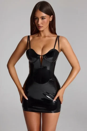 Coratina Vinyl-Korsett-Minikleid in Schwarz