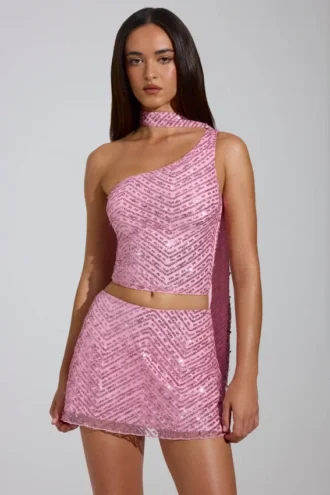 Cosette – Oberteil mit asymmetrischem Schal-Detail und Verzierungen in Rosa