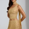 Cosette – Verziertes, asymmetrisches Oberteil mit Schaldetail in Gold Cosette – Verziertes, asymmetrisches Oberteil mit Schaldetail in Gold